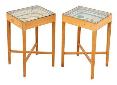Mexican Ceramic Dish Inset Side Tables, Pair