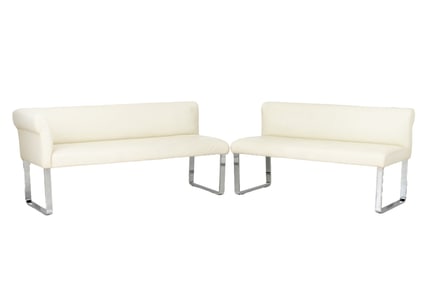White Leather Upholstered Chrome Banquettes, Pair