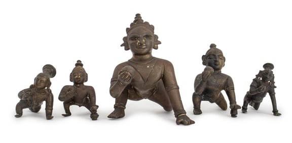 Indian Brass Group of Baby Krishna Figures, 5
