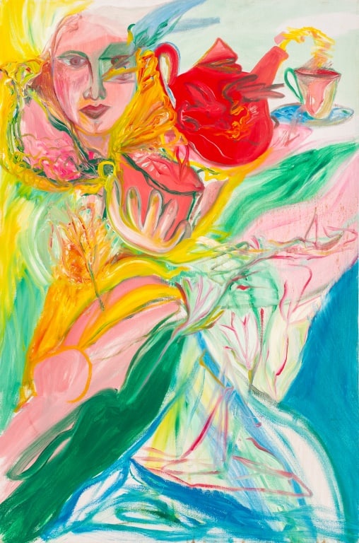 Eva Bouzard-Hui "Lady with Tea Pot" Oil on Canvas: Eva Bouzard-Hui (American, 1936-2023), "Lady with Tea Pot", Oil on Canvas, unsigned, artist's estate label with title, numbered "Oil Painting Thirty Four", and dimensions verso, unframed. 36" H x 24" 