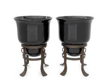 Modern Black Glass and Brass Jardinieres, Pair