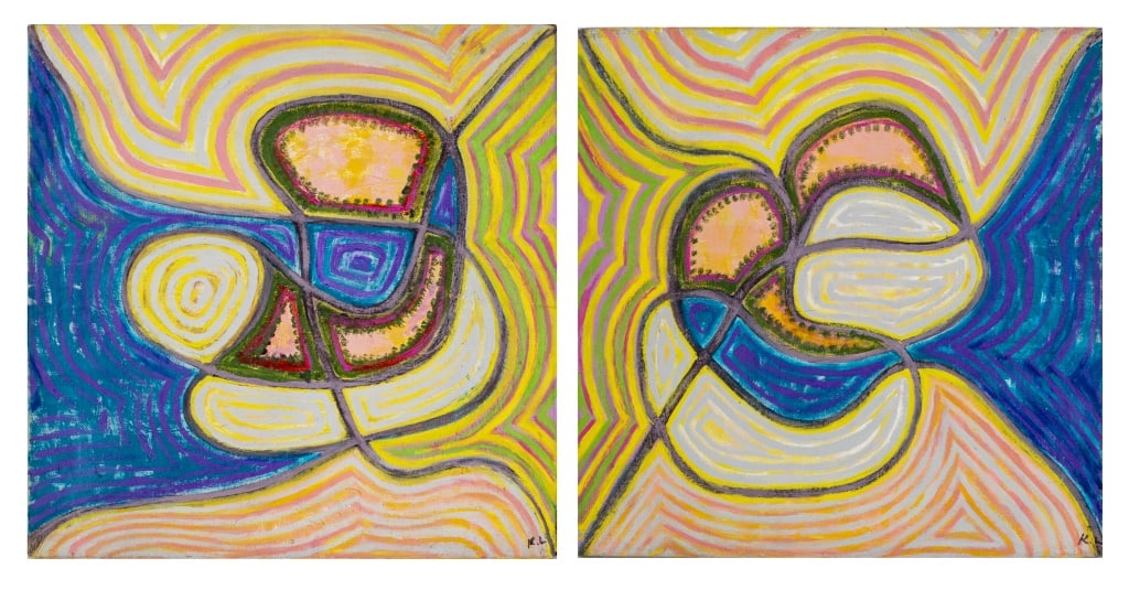 Kayo Lennar "Mr. & Mrs. Adam" Oil on Canvas, 2: Kayo Lennar (French/American, b. 1923), "Mr. & Mrs. Adam Go to the Beach", Diptych Oil on Canvas, 1979, initialed lower right, signed and dated verso, unframed. Each: 15" H x 15" W. Provenance: Proper