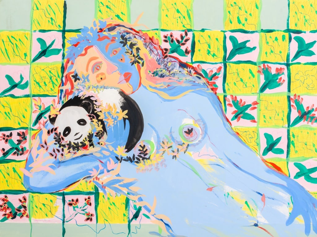 Eva Bouzard-Hui "Panda Love" Mixed Media: Eva Bouzard-Hui (American, 1936-2023), "Panda Love", Mixed Media on Illustration Board, apparently unsigned, artist's estate label with title, numbered "Oil Painting Thirty Six", and dimensions verso,