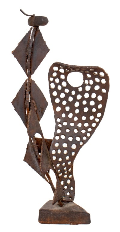 Illegibly Signed Brutalist Metal Sculpture: Abstract Brutalist Metal Sculpture, illegibly signed "Fuego (?)" to base. 34" H x 16.5" W x 7.5" D. Provenance: From a New York City Collection. Keywords: Statue, Metalwork, Forged, Brutalism, Organic