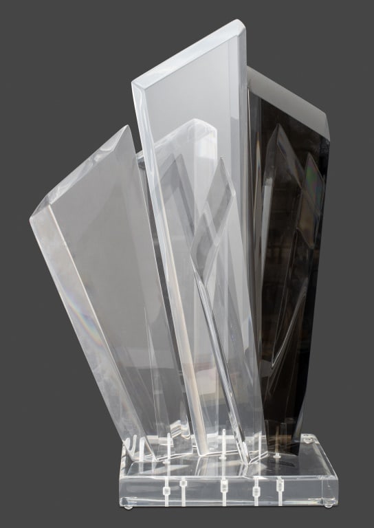 Hivo Van Teal Geometric Lucite Sculpture: Hivo Van Teal (Cuban/American, XX-XXI) Geometric Lucite Sculpture, with one smoky Lucite element, signed "Van Teal" to the square base. 25.25" H x 10.25 " W x 11.25" D. Provenance: From a New York Cit