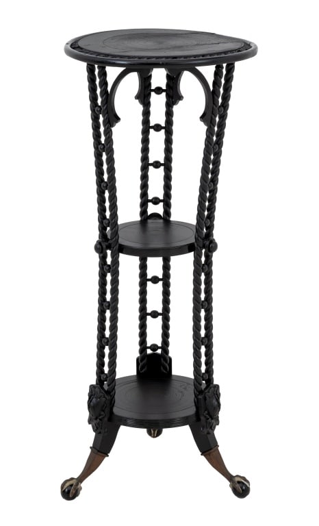 American Painted Wood & Composition Pedestal: American Black Painted Wood and Composition Three Tier Pedestal, late 19th century, the circular top on spiraling turned supports, on claw and ball feet. 36" H x 15" Diameter. Keywords: American