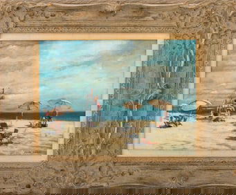 James Seeman Beach Scene Oil on Canvas Board