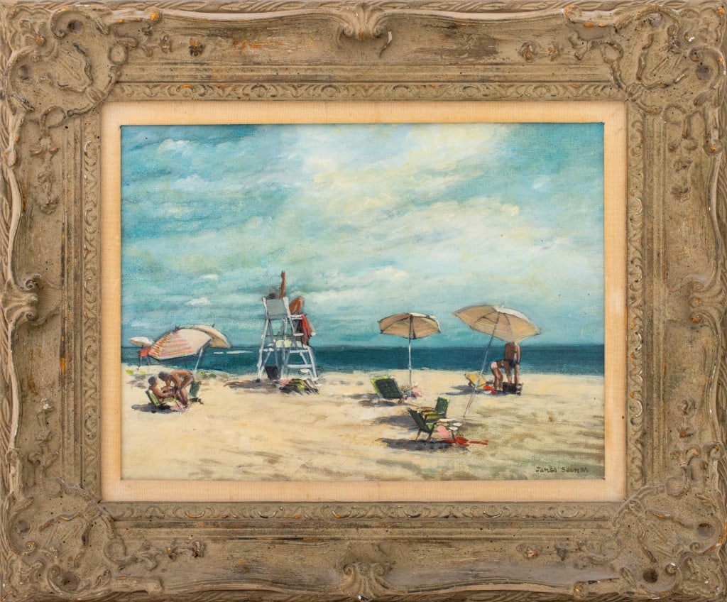 James Seeman Beach Scene Oil on Canvas Board: James Seeman (American, 1914-1994), Beach Landscape Scene, Oil on Canvas Board, signed lower right, painted wood frame. Image: 11.25" H x 15.25" W; frame: 19" H x 23" W. Provenance: From a 20 East