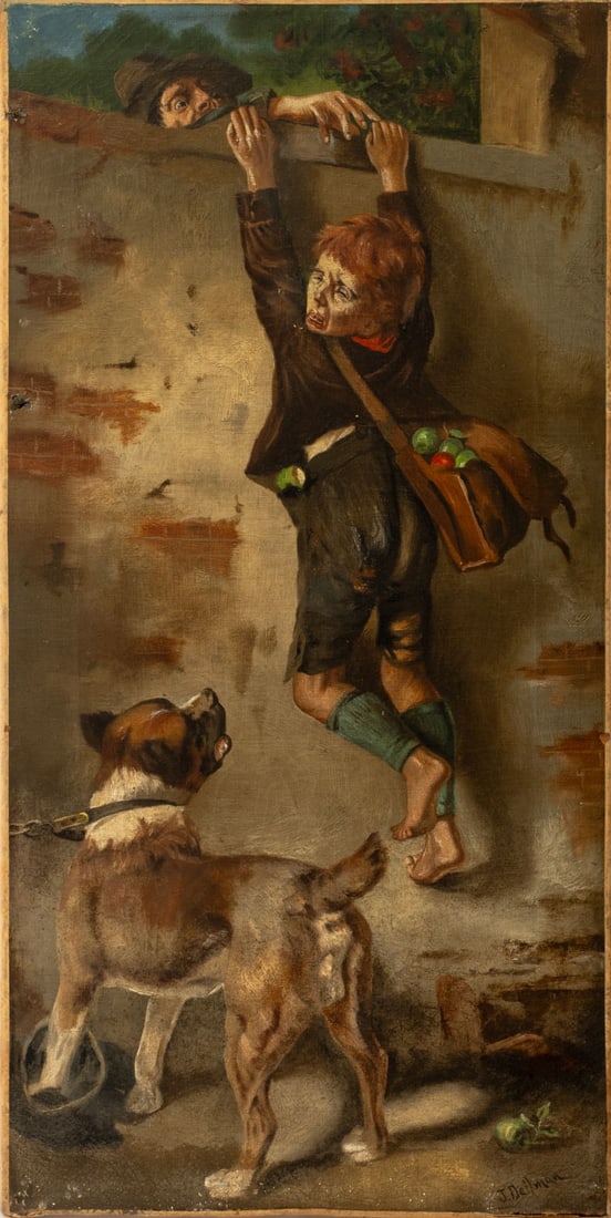 After Toby Edward Rosenthal "The Apple Thief" Oil: After Toby Edward Rosenthal (American, 1848-1917), "The Apple Thief", Oil on Canvas, depicting a man helping a boy over a garden wall, fleeing from guard dog, signed "J. Deilman" lower right,