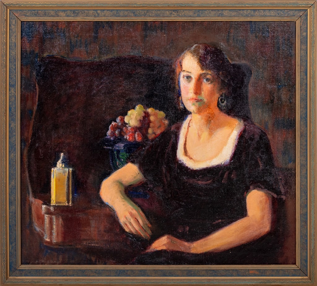American School Portrait of a Woman Oil on Burlap: American School, Portrait of a Woman, Oil on Burlap, circa 1920, apparently unsigned, painted wood frame. Image: 23.5" H x 26.5" W; frame: 27.75" H x 30.75" W. Keywords: Painting, Oil painting, Works