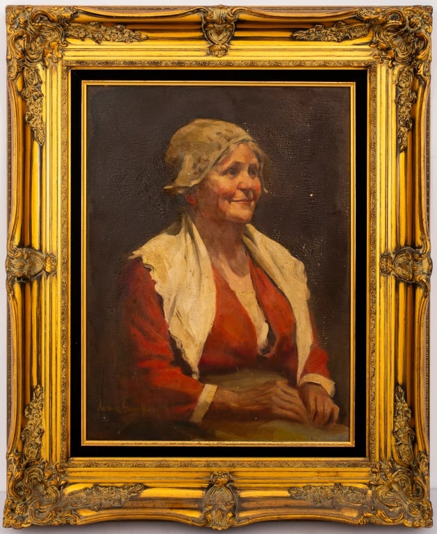 Arthur Sarnoff Female Portrait Oil on Canvas, 1934: Arthur Saron Sarnoff (American, 1912-2000), Portrait of a Female Peasant, Oil on Canvas, 1934, signed and dated lower left, giltwood frame. Image: 24" H x 18" W; frame: 34" H x 28" W. Provenance: