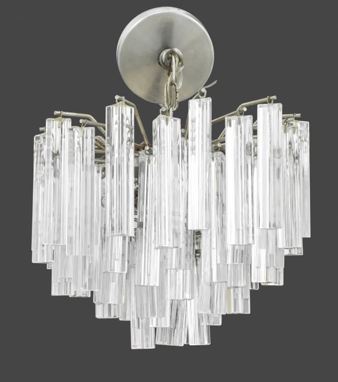 Italian Modern Murano Glass Triedri Chandelier: Italian Modern Murano Glass Triedri Chandelier, multiple tiers of triangular prisms. 16" H x 10" Diameter. Provenance: From a New York City Collection. Keywords: Lighting, Mid-Century Modern,