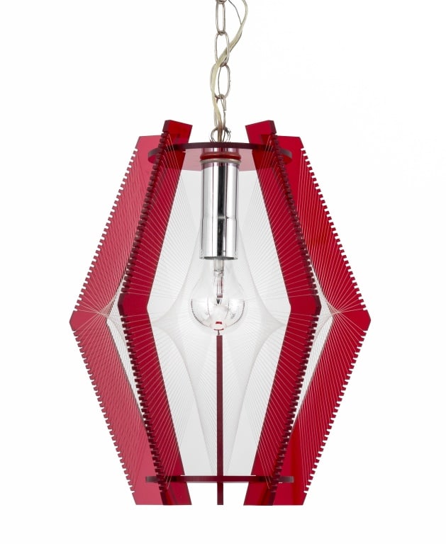 Atomic Age Lucite String & Red Acrylic Pendant: Atomic Age Style Lucite String and Red Acrylic Pendant Lamp. 25" H x 12" Diameter. Provenance: From the New York City Collection of a London Gallerist. Keywords: Vintage Lighting, Chandelier,