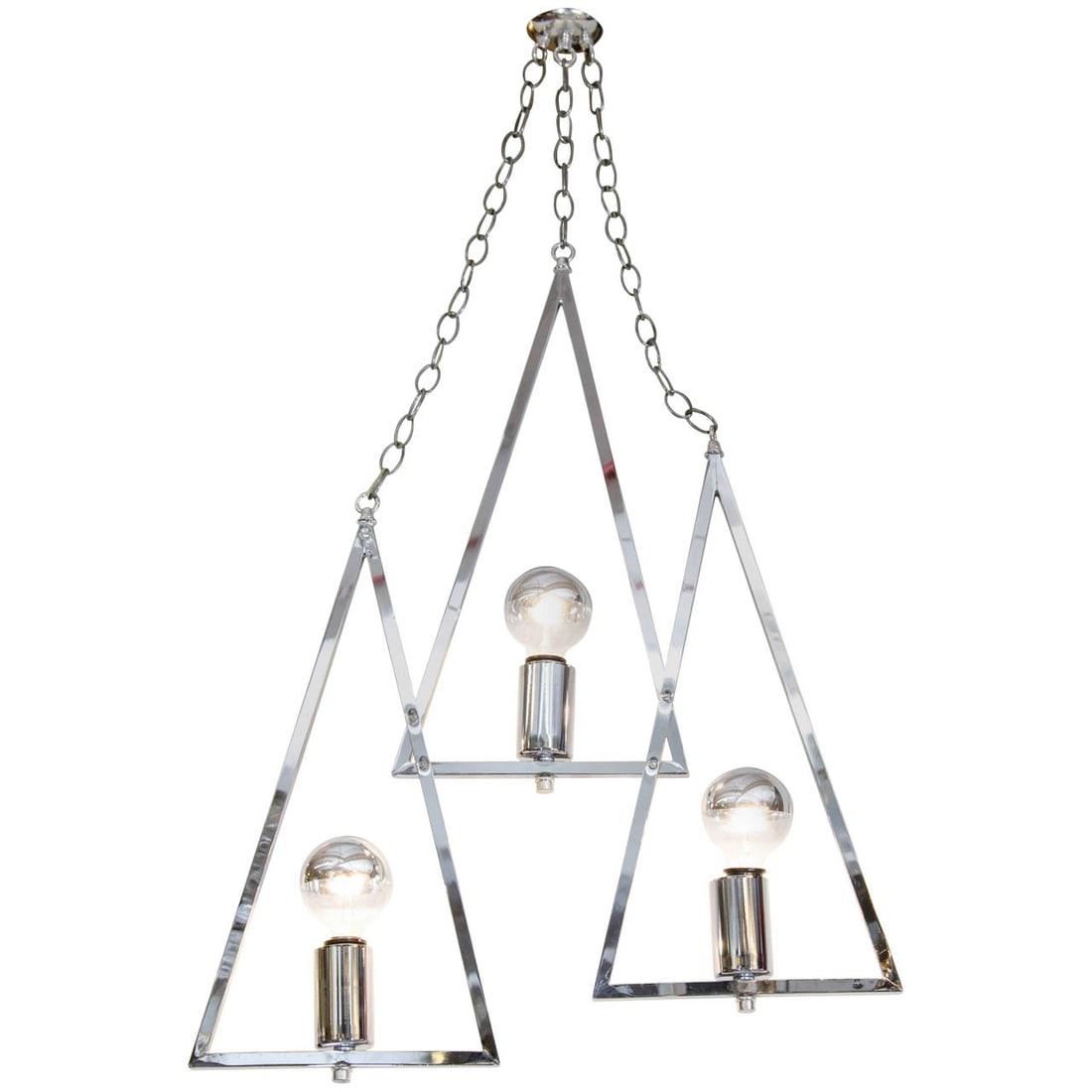 Mid-Century Modern Chrome 3-Light Chandelier: Mid-Century Modern Chrome Three-Light Chandelier, mid 20th century, of triple triangle form pendant on chains. 9" H x 8" W x 7" D. Provenance: From a New York City Collection. Keywords: Lighting,