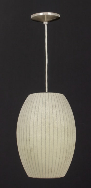George Nelson Style Modernica Paper Bubble Lamp: George Nelson Style Modernica White Paper Bubble Pendant Lamp, with chrome frame and "Modernica" label to top rim. 33" H x 10" Diameter. Provenance: From a Chelsea, Manhattan Collection. Keywords: Lig