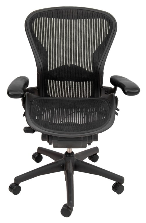 Herman Miller Aeron Adjustable Swivel Chair: Herman Miller Aeron Adjustable Swivel Office Chair, marked to reverse with label to underside, mesh seat and back and leather covered armrests, atop five casters. 41" H x 27" W x 27" D; seat: 20" H. P