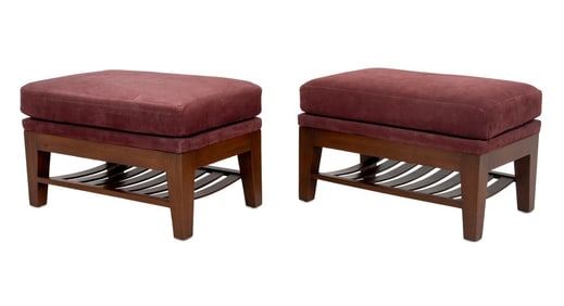 Burgundy Suede Upholstered Ottomans, Pair