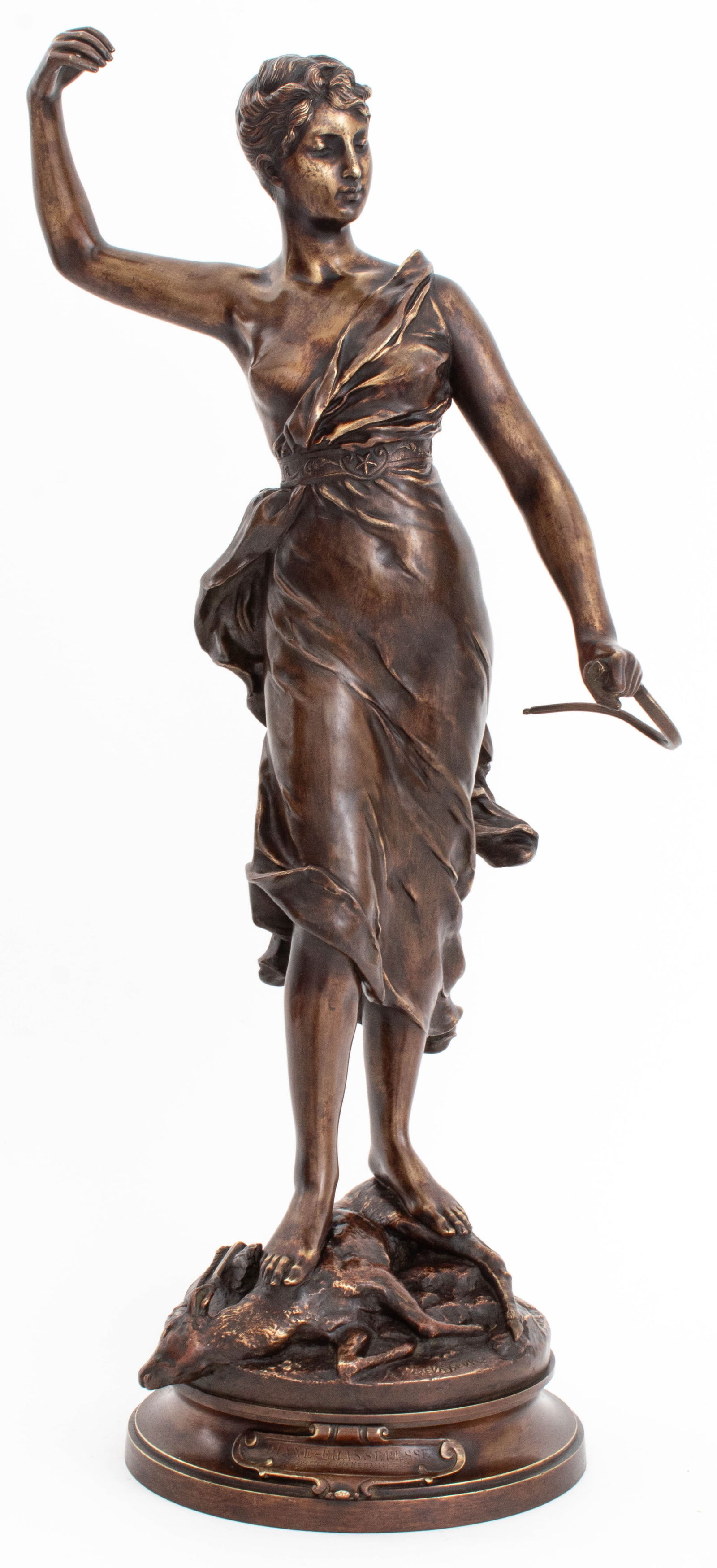 Henri Levasseur "Diane Chasseresse" Bronze: Henri Louis Levasseur (French,1853-1934) "Diane Chasseresse" Patinated Bronze Sculpture, 19th century, depicting Diane standing on a deer, signed "A. Levasseur" to base with "Diane Chasseresse / Par L