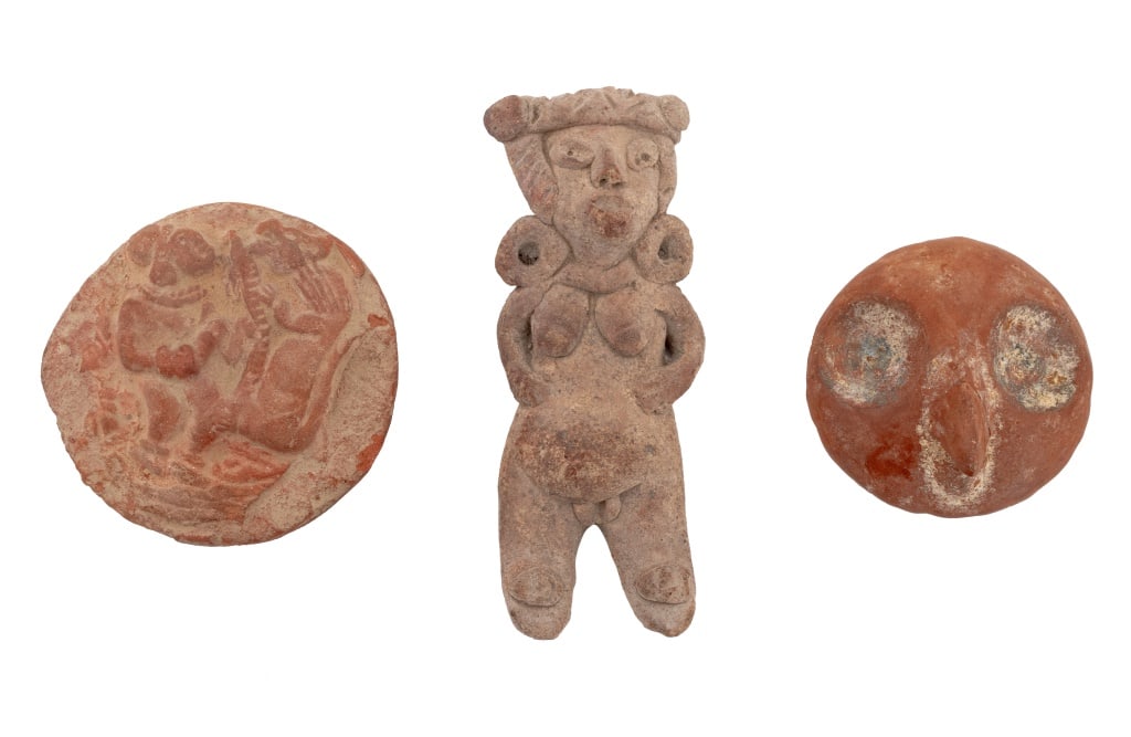 Pre-Columbian Pottery Articles, 3: Collection of Three Pre-Columbian Pottery Articles, comprising: lower relief round figural scene with ebonized metal stand, pottery chupicuaro figure, and terracotta carved bird face. Largest: 4" H x