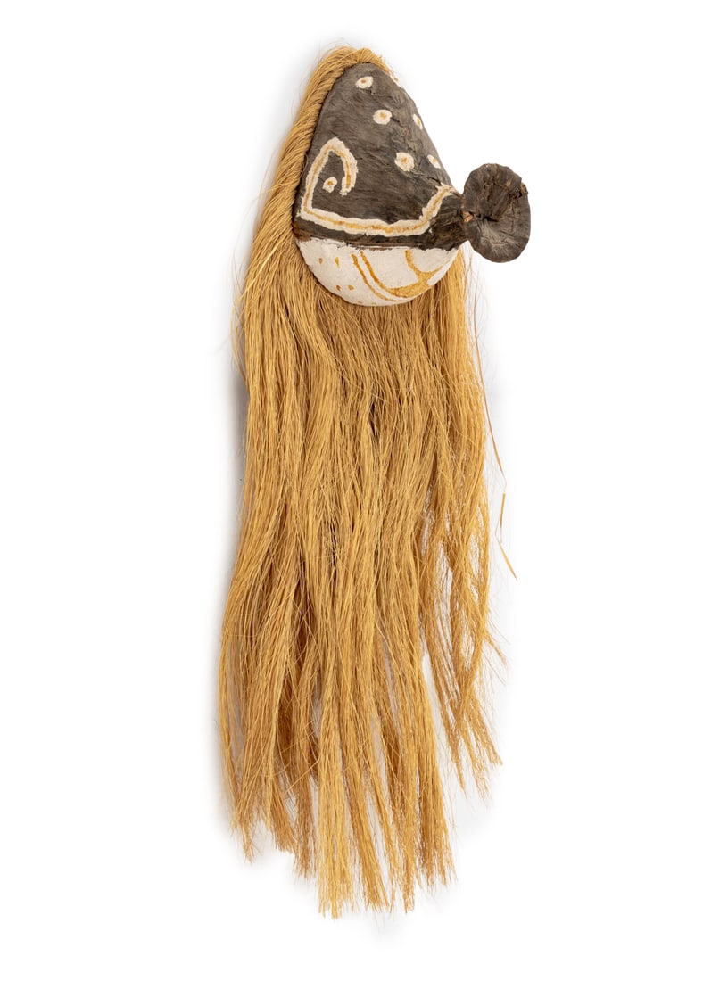 Piaroa Warime Mask: Piaroa Warime Mask, bark cloth, dried grass, wicker and pigment, used in the yearly Warime festival, formally known as De'aruwa Ime mask, worn on the top of the head. 32" H x 6" W. Provenance: From a