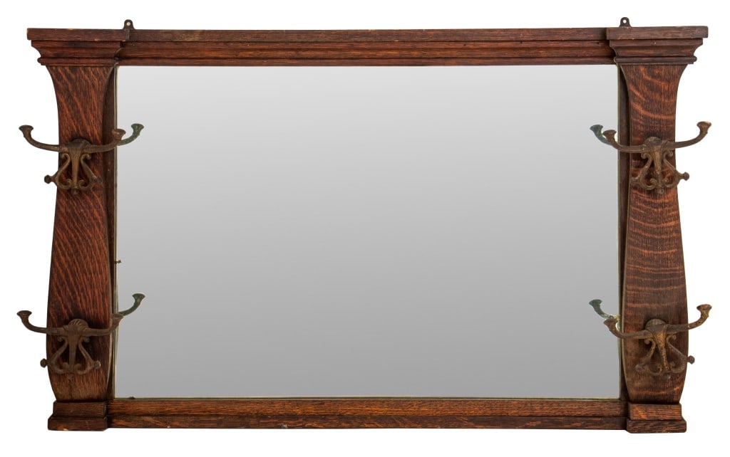 Arts & Crafts Oak Hat Rack Wall Mirror: Arts and Crafts Oak Hat Rack Wall Mirror, with four double metal coat hanger hooks. 28" H x 45" W x 5" D. Provenance: From a New York City Collection. Keywords: Looking glass, Vanity, Coat rack, Missi