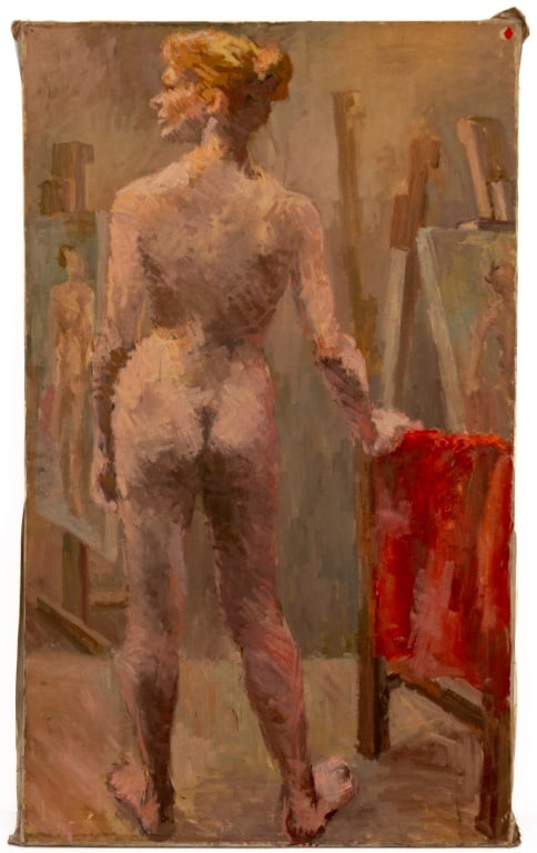 Donna Johnson Nude Woman Oil on Canvas, 1956: Donna Johnson (American, XX), Standing Nude Woman, Oil on Canvas, 1956, signed, dated, and marked "Brackman AM" verso and marked "Portraits of the Art Students League" to the stretcher, unframed. 50.2