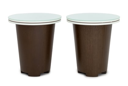 Modern Patinated Metal & Wood Glass Top Tables, 2