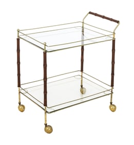French Modern Two-Tier Brass and Walnut Bar Cart