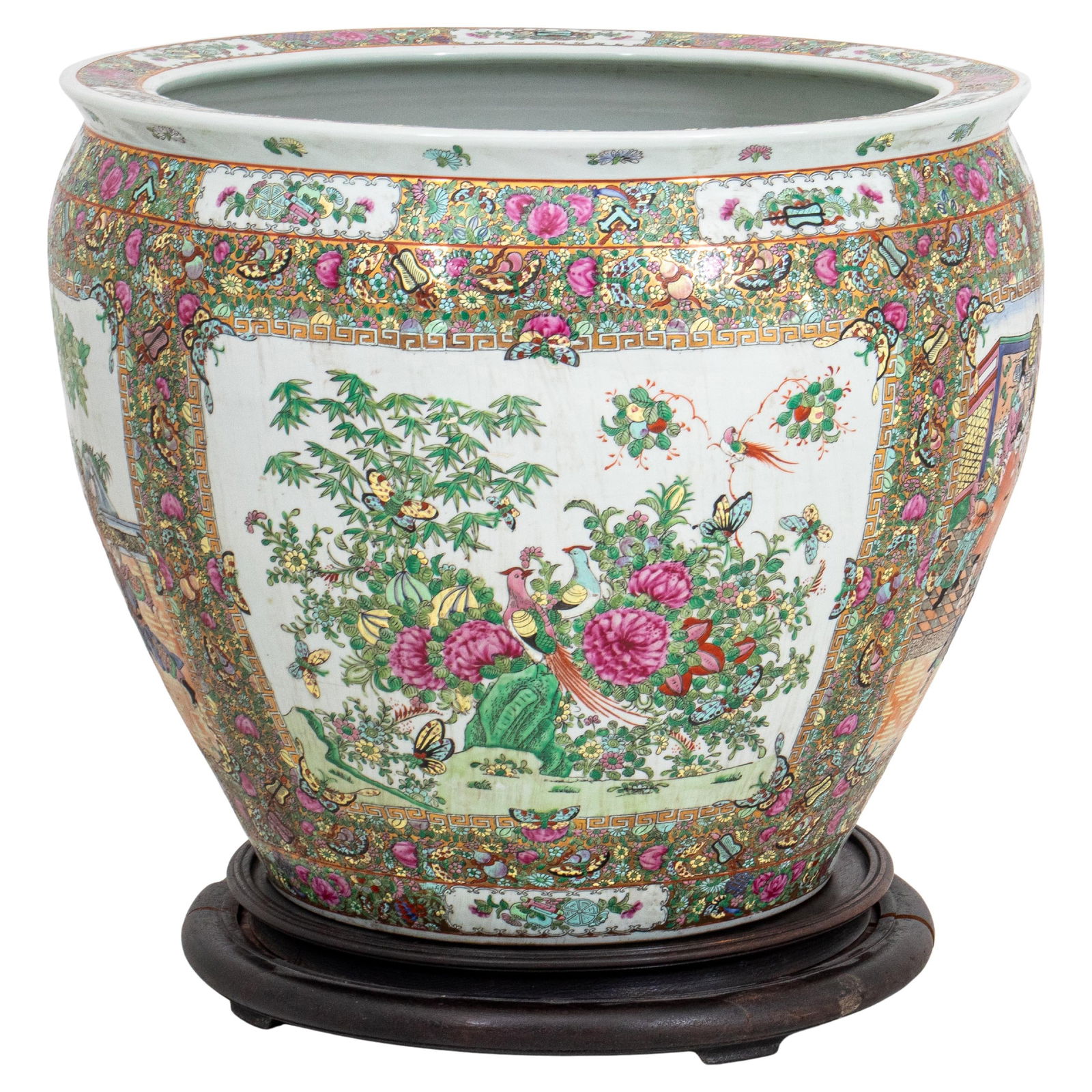 Chinese Rose Medallion Porcelain Jardiniere: Chinese Rose Medallion Porcelain Jardiniere, with hand-painted figures and flowers on gilt ground, six character copper red mark within a circle to underside, together with a hardwood stand. Overall: