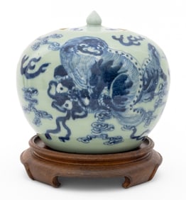 Chinese Blue & Celadon Porcelain Covered Jar