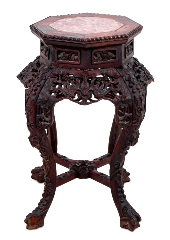 Chinese Hardwood and Marble Pedestal Table: Chinese Carved Hardwood and Marble Pedestal Table, late 19th century, the octagonal inset marble top above an intricately carved frieze, on scrolled legs joined by an X-form stretcher. 25" H x 17" W x
