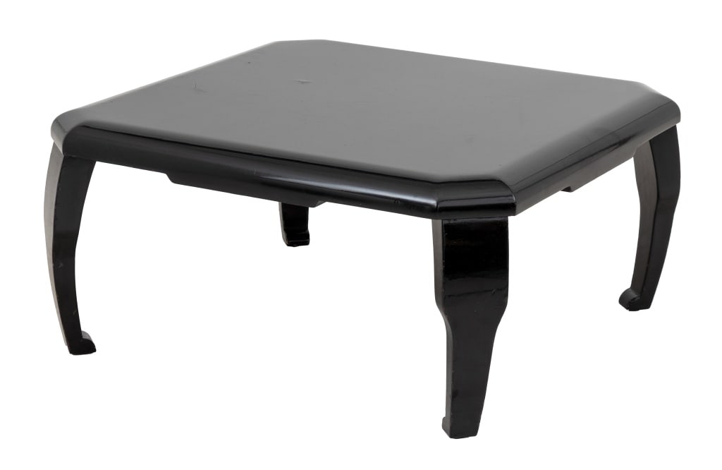 Asian Modern Black Lacquered Low Table: Asian Modern Black Lacquered Low Table. 16" H x 33" W x 33" D. Provenance: From a West 12th Street Estate. Keywords: Modern Furniture, Karl Springer Style, James Mont Manner, Coffee table, Cocktail ta