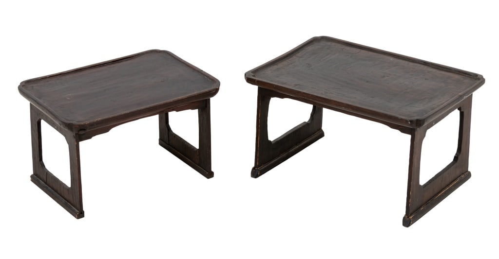 Chinese Hardwood Altar Tables, 2: Two Chinese Hardwood Altar Tables, circa 1900, the rectangular tops with canted corners on two rectangular cut-out supports. Larger: 11.25" H x 19.25" W x 13.25" D. Provenance: From a West 12th Street