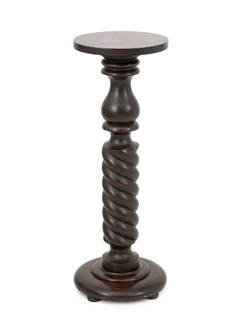 Victorian Mahogany Barley Twist Pedestal: Victorian Mahogany Barley Twist Pedestal, with a circular top and base on four bun feet. 34" H x 12" Diameter. Provenance: From a New York City Collection. Keywords: Antique Furniture, Column, Pillar,