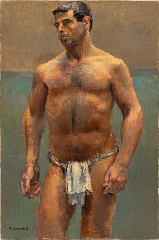 Petcavage Portrait of a Wrestler Oil on Canvas: Petcavage (American, XX), Portrait of a Wrestler, Oil on Canvas, signed lower left, unframed. 36" H x 24" W. Provenance: From the Allen Tucker Memorial Collection. Keywords: Paintings, Oil painting, W