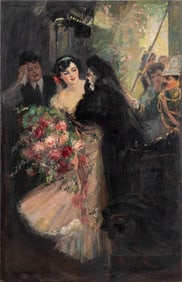 Illegibly Signed Wedding Scene Oil on Canvas