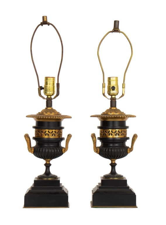 French Empire Style Gilt Metal Ebonized Lamps, Pr (1 of 5)