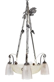 French Art Deco 3-Branch Glass & Metal Chandelier