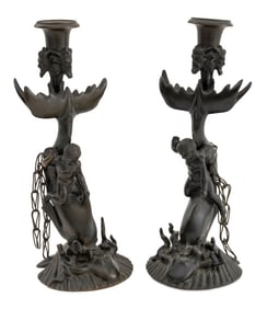 Mythological Patinated Bronze Candlesticks, Pair