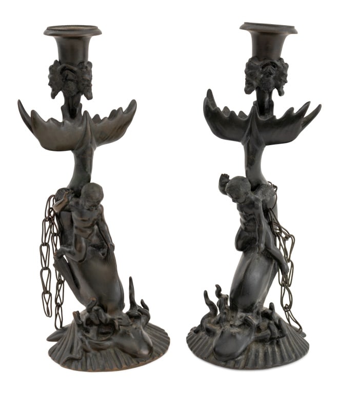 Mythological Patinated Bronze Candlesticks, Pair: Pair of Mythological Motif Patinated Bronze Candlesticks, depicting satyr head band above a cherub riding a dolphin mounted on an octopus and seashell base. 10.5" H x 4.5" W x 3.75" D. Provenance: Fro