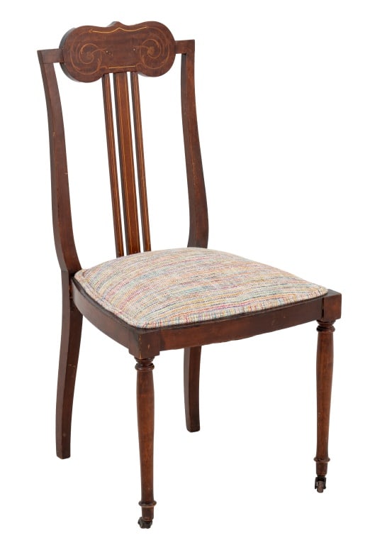 American Marquetry Walnut Side Chair, ca. 1890: American Marquetry Walnut Side Chair, circa 1890, the back with scrolling inlay, the two front legs on casters. 35.5" H x 18" W x 18" D; seat: 17.5" H. Provenance: From a Palm Beach Collection. Keywor