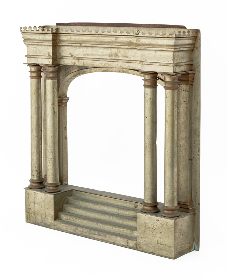 Neoclassical Style Metal Architectural Element: Neoclassical Style Patinated Aluminum and Cast Iron Architectural Element, with pierced galleried top, four columns and stepped rectangular base. 24.75" H x 22.5" W x 6" D. Provenance: From an Upper E