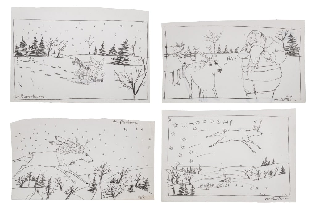 Michael Paraskevas Christmas Reindeer Comics, 4: Michael Paraskevas (American, b. 1961), Four Christmas Reindeer Comic Strips, Graphite on Paper, comprising: men walking through snow signed lower left, "Fly?" signed lower right, man riding reindeer