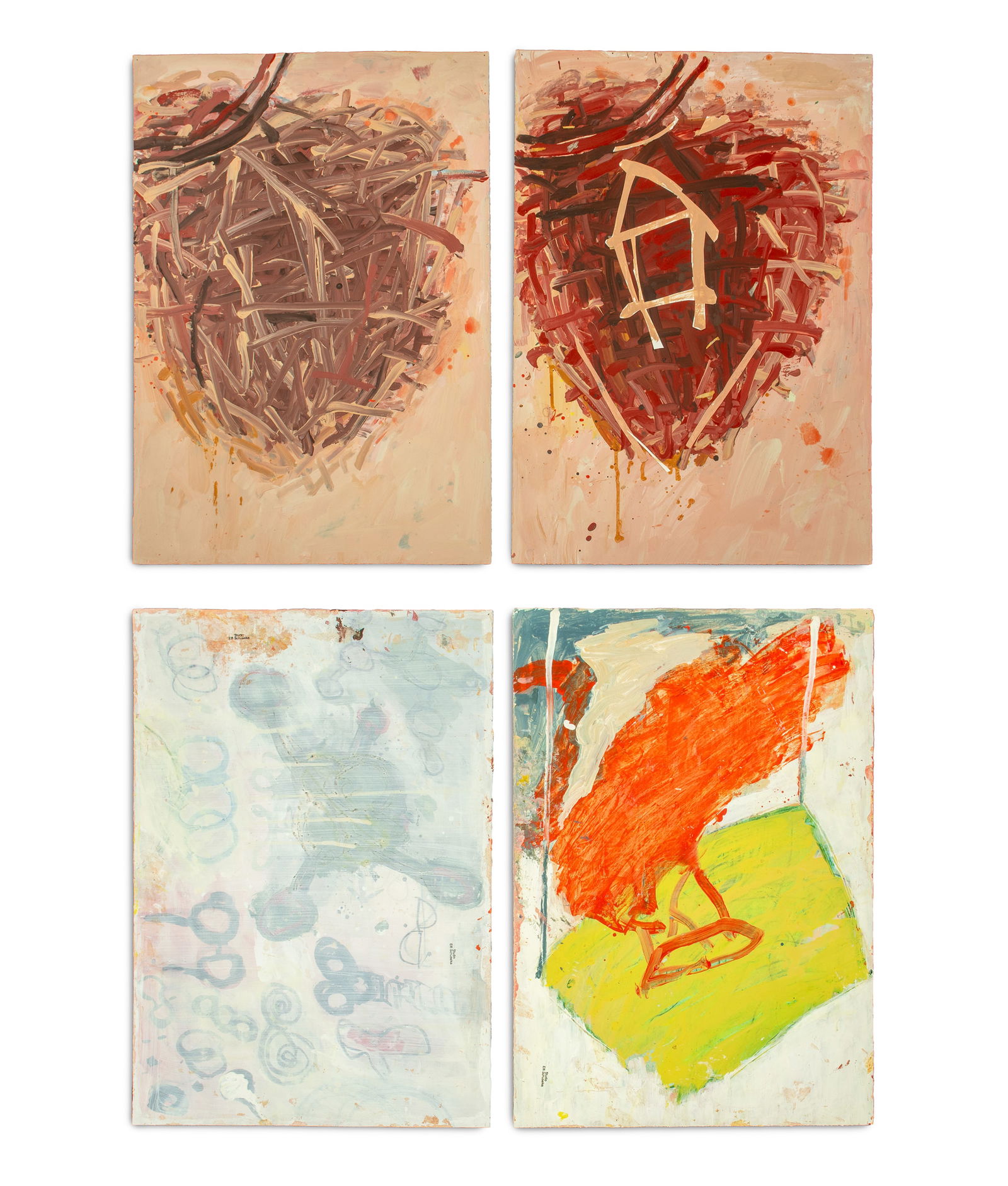 Elfi Schuselka Abstract Compositions Acrylic, 2: Elfi Schuselka (Austrian, b. 1940), Two Abstract Compositions, Acrylic on Paper, each painted to both sides, one with collage elements, each stamped "Studio Elfi Schuselka" verso, unframed. 18.25" H x