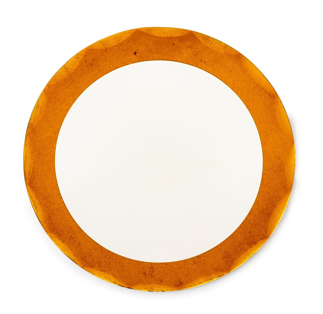 Pace Style Modern Circular Mirror: Pace Style Modern Circular Mirror, with amber colored and geometric rim. 26" Diameter. Provenance: From an 880 Fifth Avenue Collection. Keywords: Looking glass, Vanity, Wall mirror, MCM, Mid-Century M
