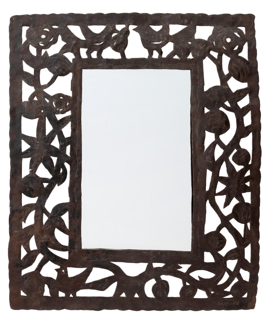 Signed Handmade Cut Metal Framed Mirror: Handmade Cut Metal Framed Mirror, illegibly signed lower right. Mirror plate: 18.5" H x 11.25" W; frame: 30.75" H x 25.5" W. Provenance: From a 5th Avenue Estate. Keywords: Looking glass, Vanity, Meta