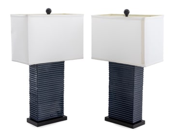 Modern Blue Glazed Ceramic Table Lamps, Pair