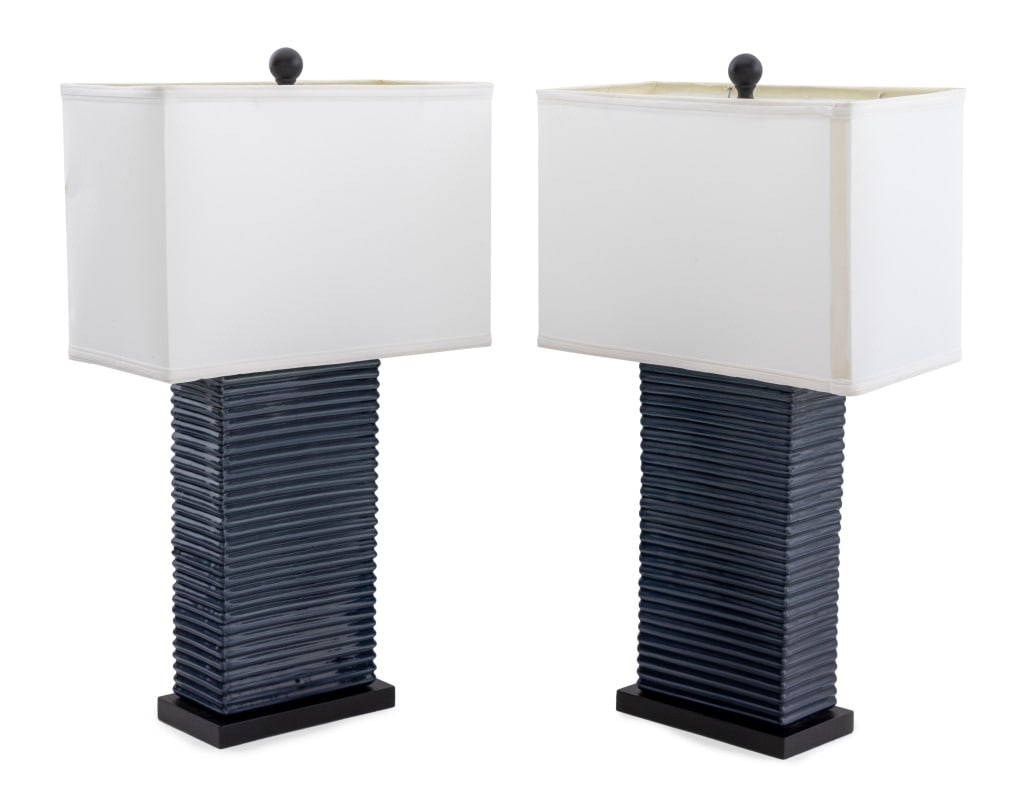 Modern Blue Glazed Ceramic Table Lamps, Pair: Pair of Modern Blue Glazed Ceramic Table Lamps, with white shades and black ball finials. Overall: 28.5" H x 16.25" W x 8.25" D. Provenance: From an 850 Park Avenue Collection. Keywords: Lighting, Acc