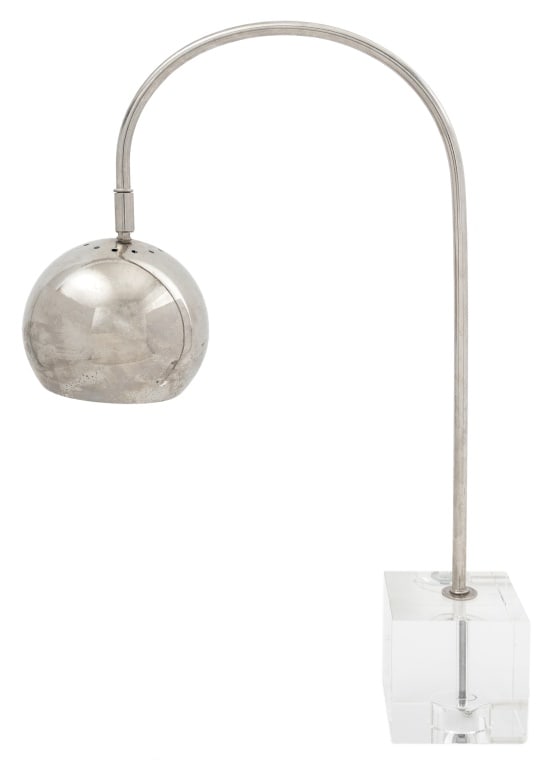 Mid-Century Modern Chrome and Acrylic Table Lamp: Mid-Century Modern Chrome and Acrylic Table Lamp, chrome globe shade on acrylic cube base. 22.5" H x 16.5" W x 6" D. Provenance: From a New York City Collection. Keywords: Lighting, MCM, Vintage, Retr