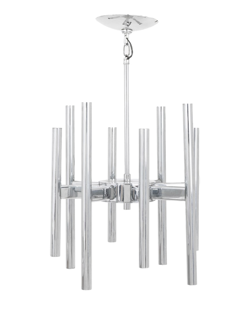 Gaetano Sciolari Modernist Chrome Pendant Lamp: Gaetano Sciolari Italian Modernist Chrome Pendant Lamp, with sixteen light bulb fittings, two per arm. 25" H x 16" Diameter. Provenance: From a New York City Collection. Keywords: Lighting, Chandelier